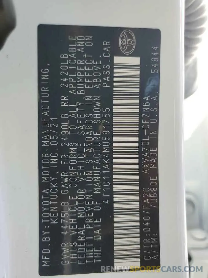 12 fotografías del automóvil dañado 4T1C11AK4MU581755 TOYOTA CAMRY 2021