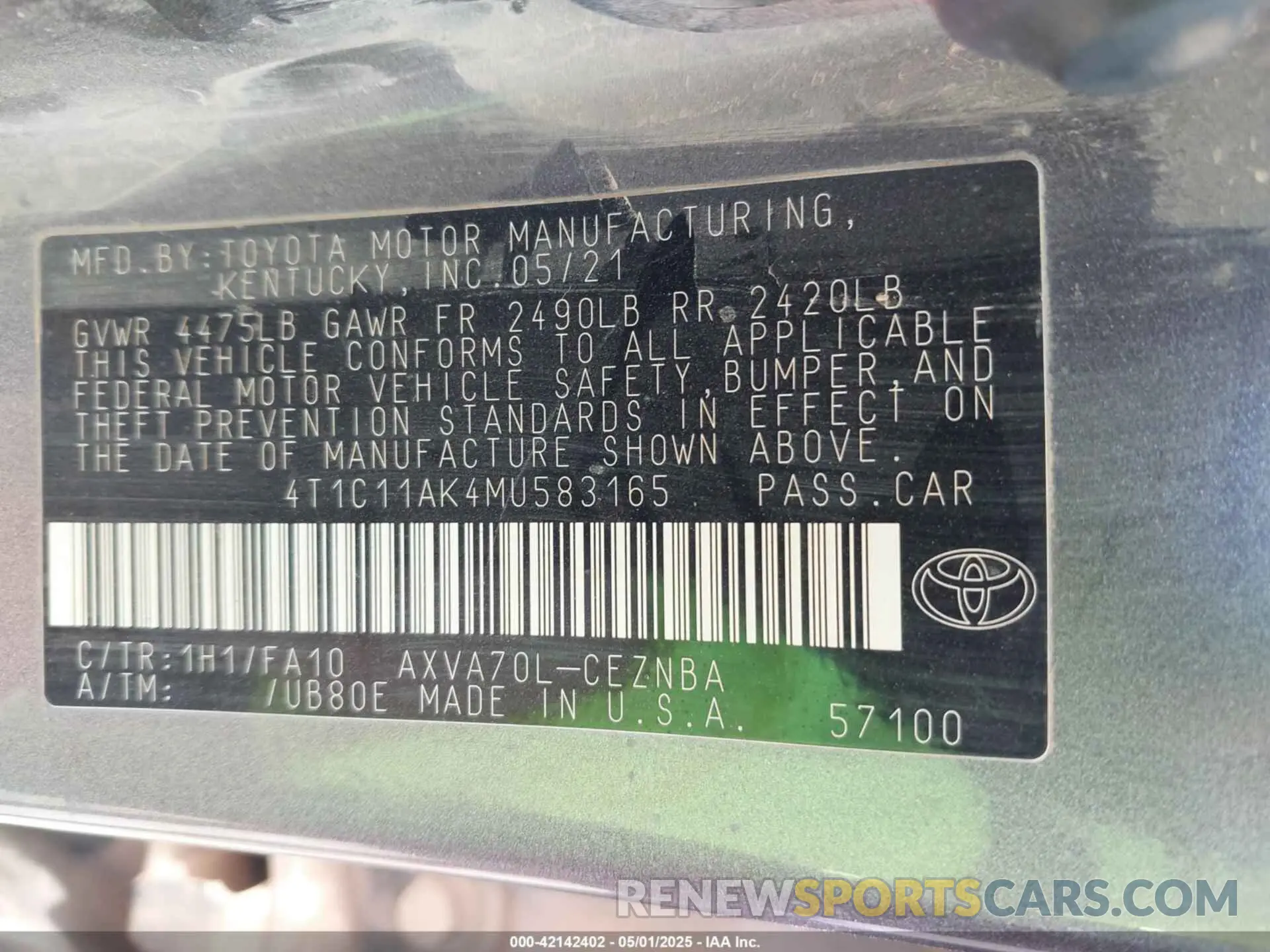 9 fotografías del automóvil dañado 4T1C11AK4MU583165 TOYOTA CAMRY 2021