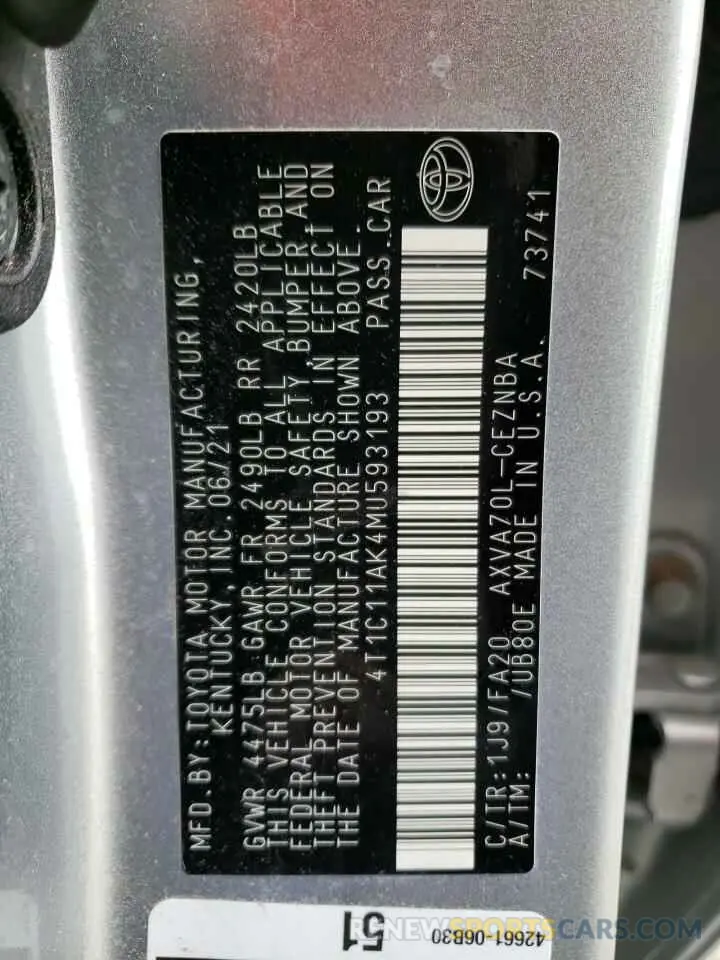 12 fotografías del automóvil dañado 4T1C11AK4MU593193 TOYOTA CAMRY 2021