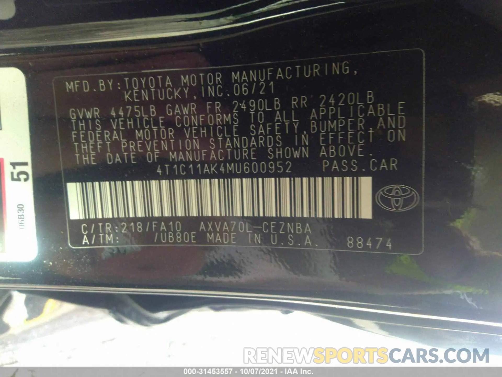 9 fotografías del automóvil dañado 4T1C11AK4MU600952 TOYOTA CAMRY 2021