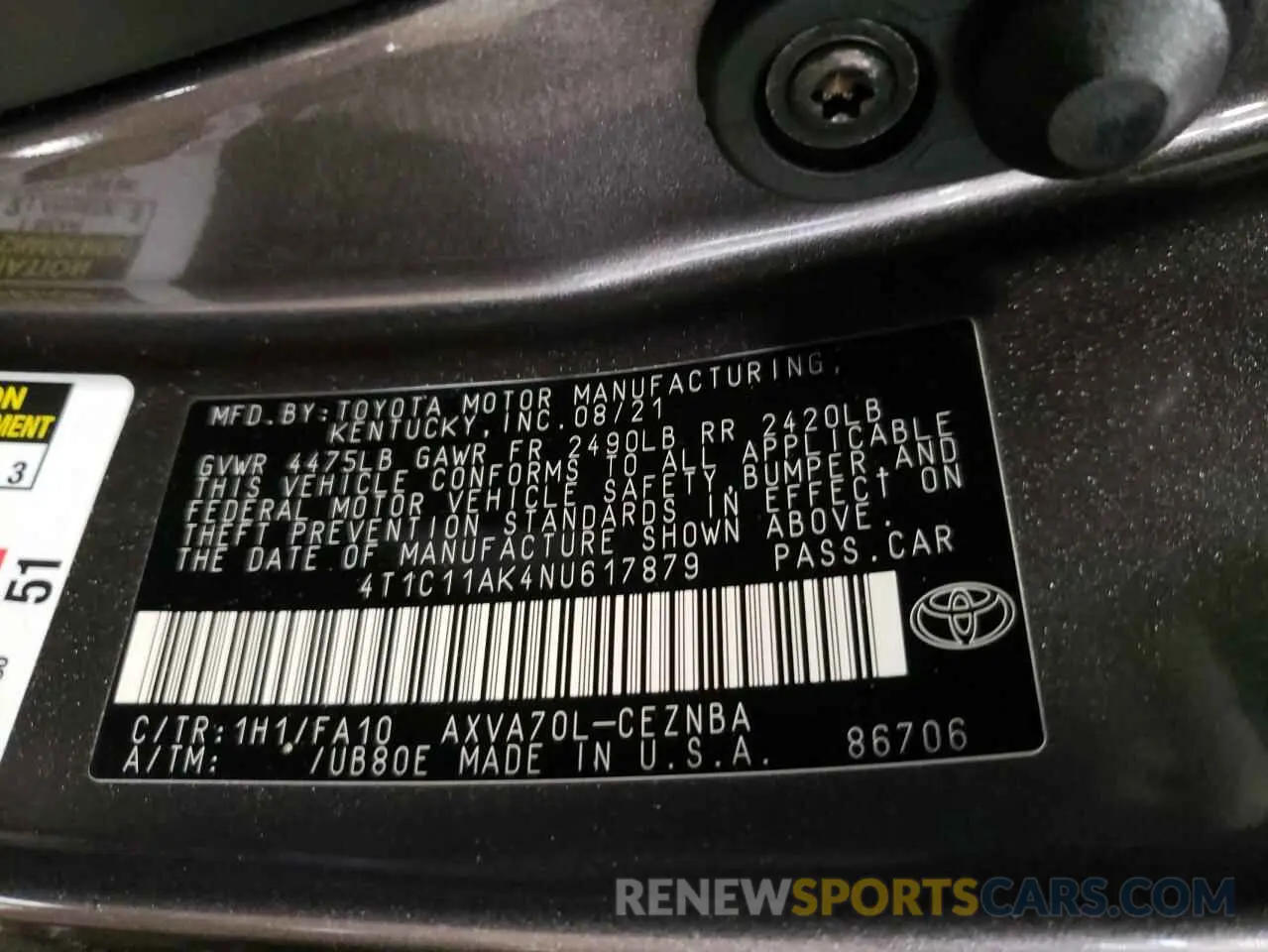10 fotografías del automóvil dañado 4T1C11AK4NU617879 TOYOTA CAMRY 2021