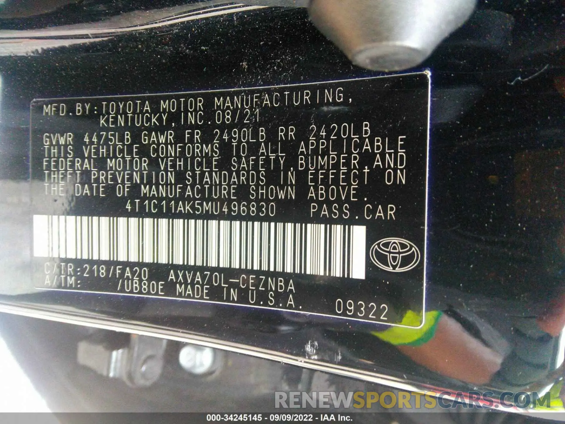 9 fotografías del automóvil dañado 4T1C11AK5MU496830 TOYOTA CAMRY 2021