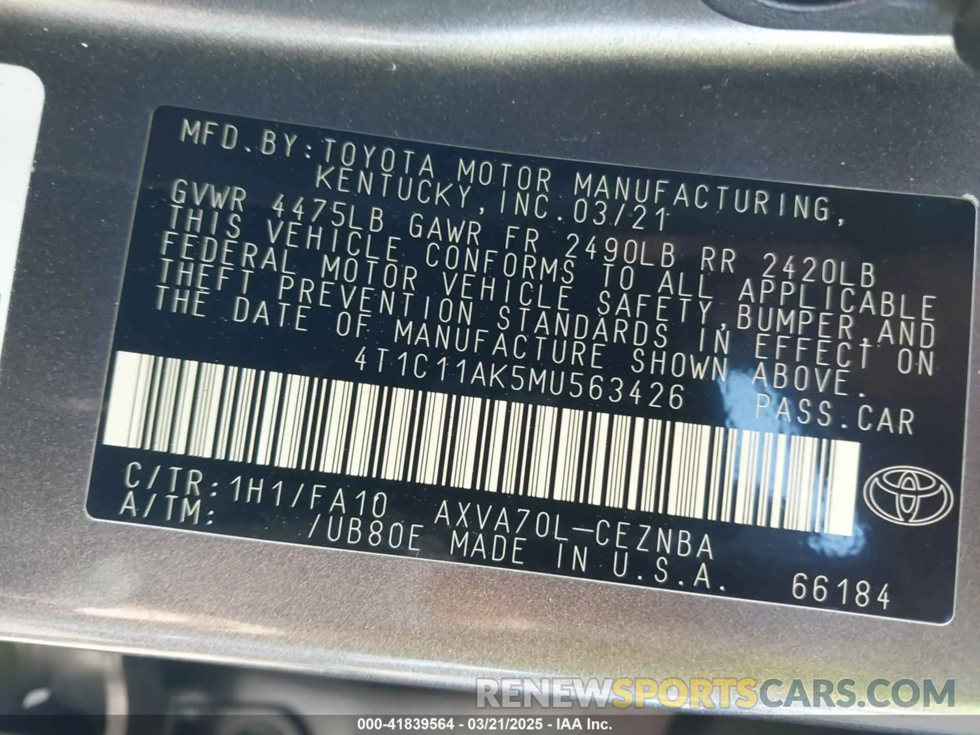 9 fotografías del automóvil dañado 4T1C11AK5MU563426 TOYOTA CAMRY 2021