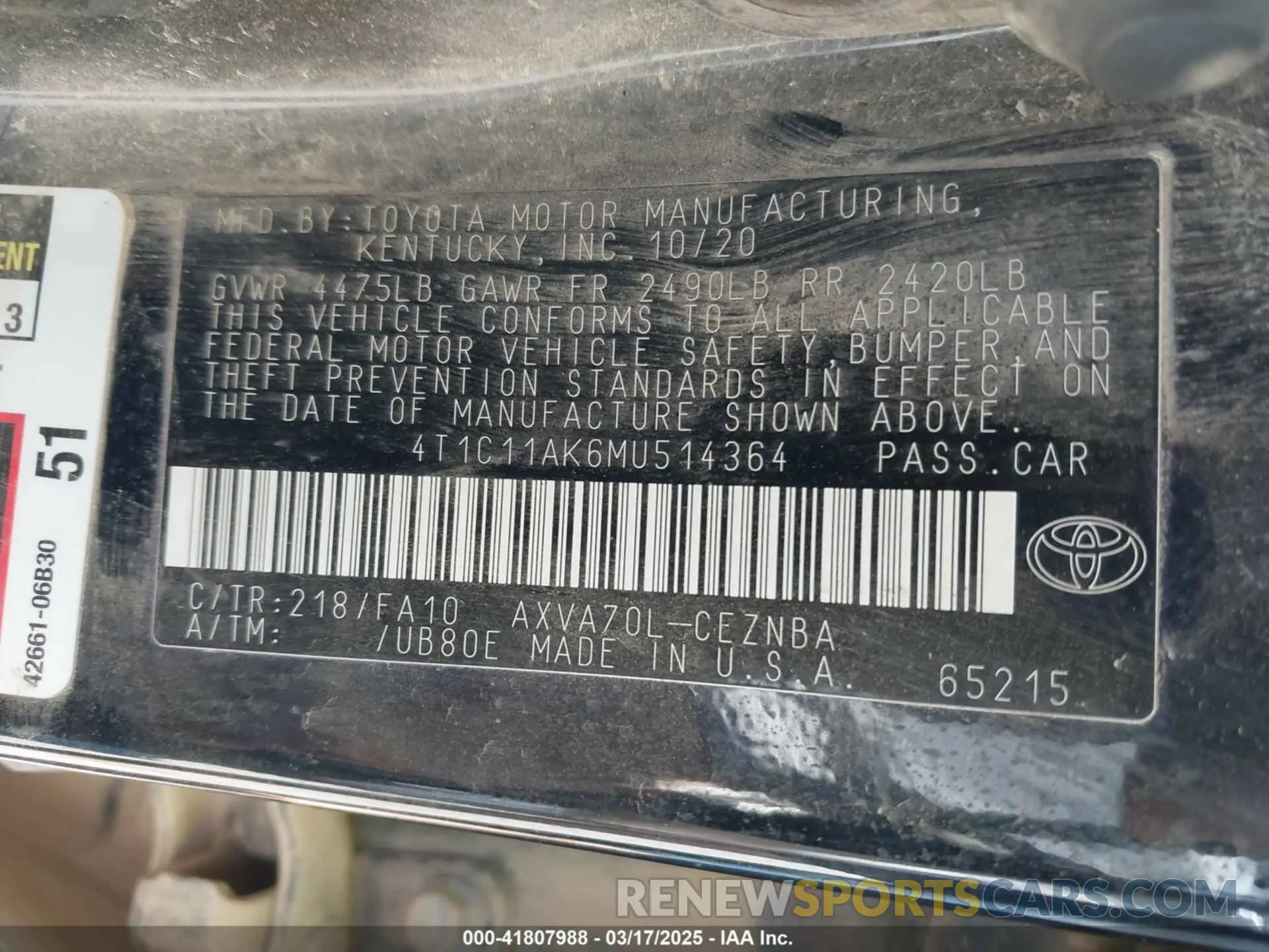 9 fotografías del automóvil dañado 4T1C11AK6MU514364 TOYOTA CAMRY 2021