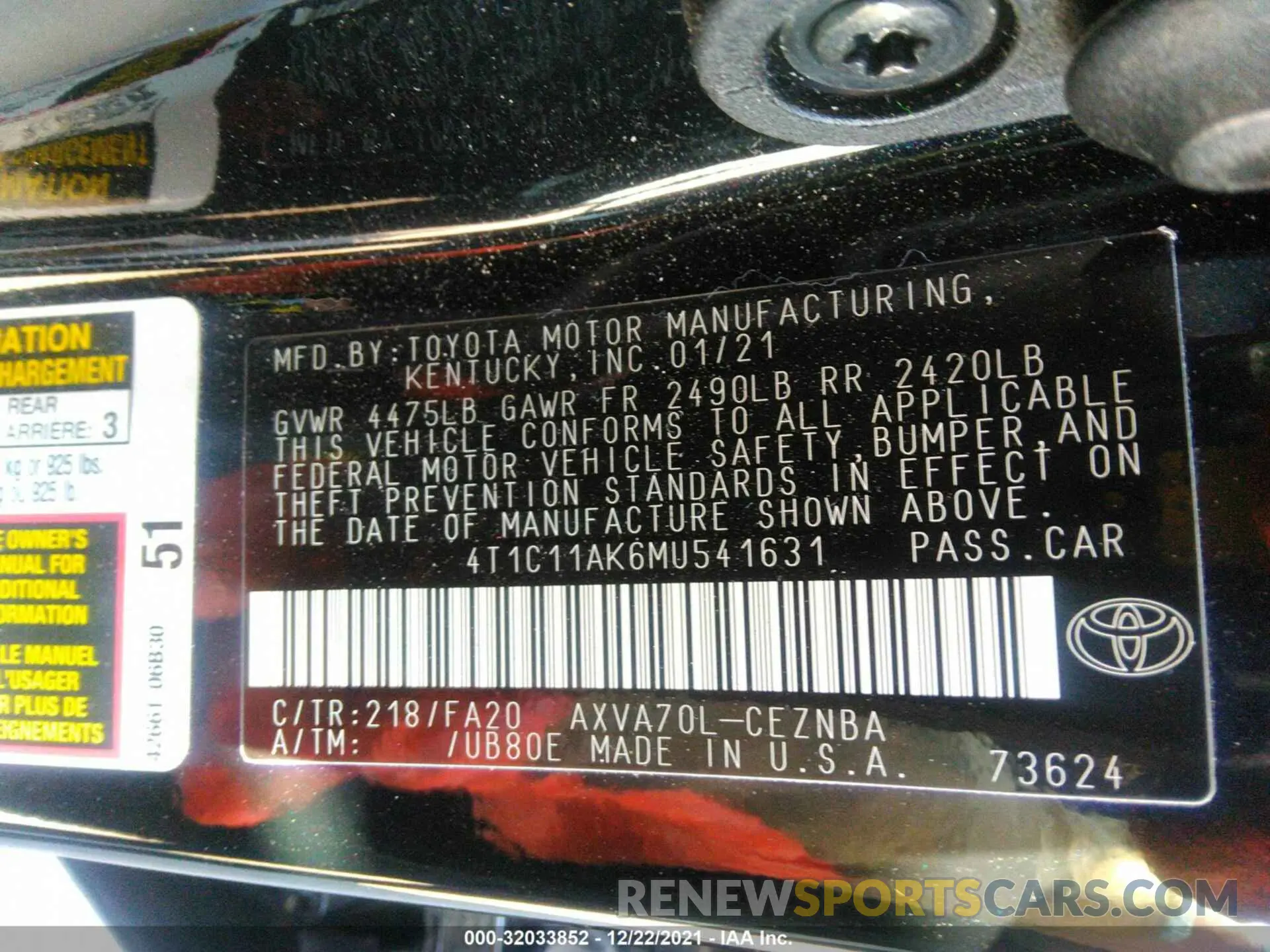 9 fotografías del automóvil dañado 4T1C11AK6MU541631 TOYOTA CAMRY 2021