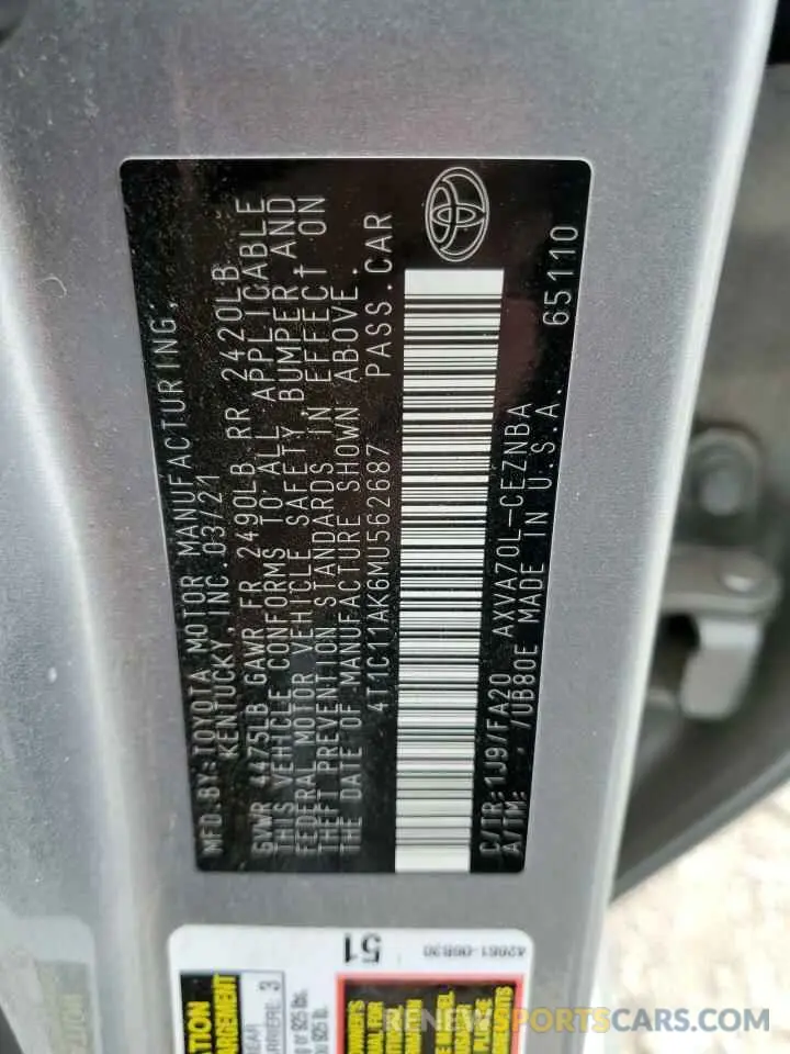 12 fotografías del automóvil dañado 4T1C11AK6MU562687 TOYOTA CAMRY 2021