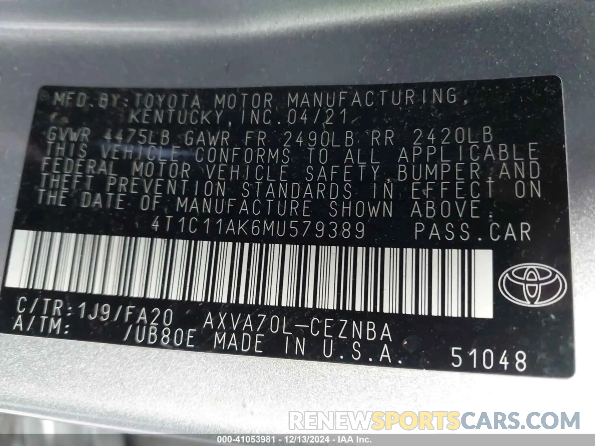 9 fotografías del automóvil dañado 4T1C11AK6MU579389 TOYOTA CAMRY 2021