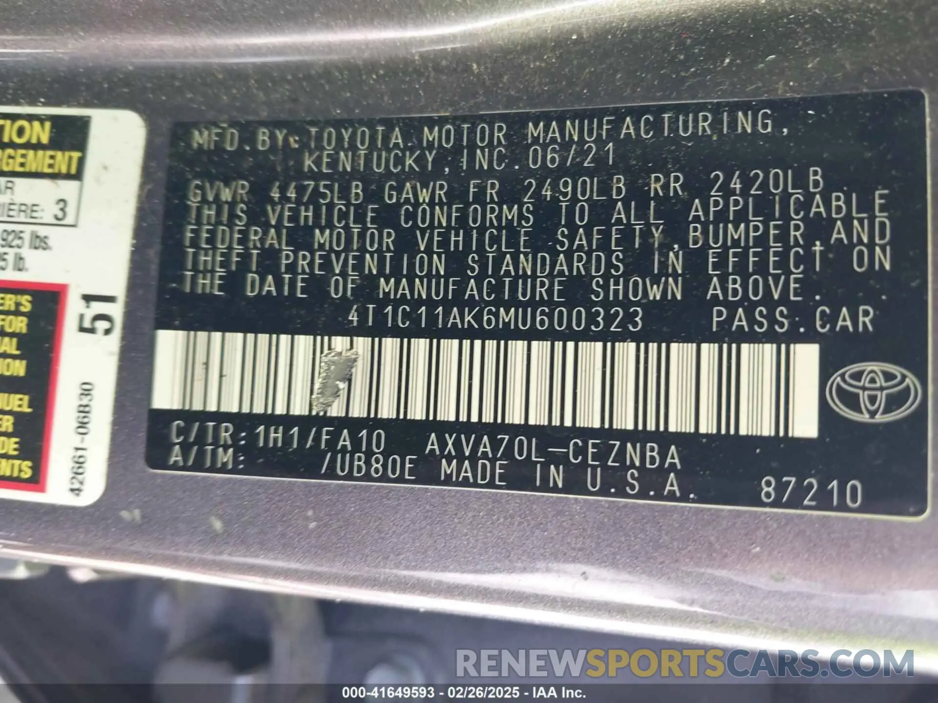 9 fotografías del automóvil dañado 4T1C11AK6MU600323 TOYOTA CAMRY 2021