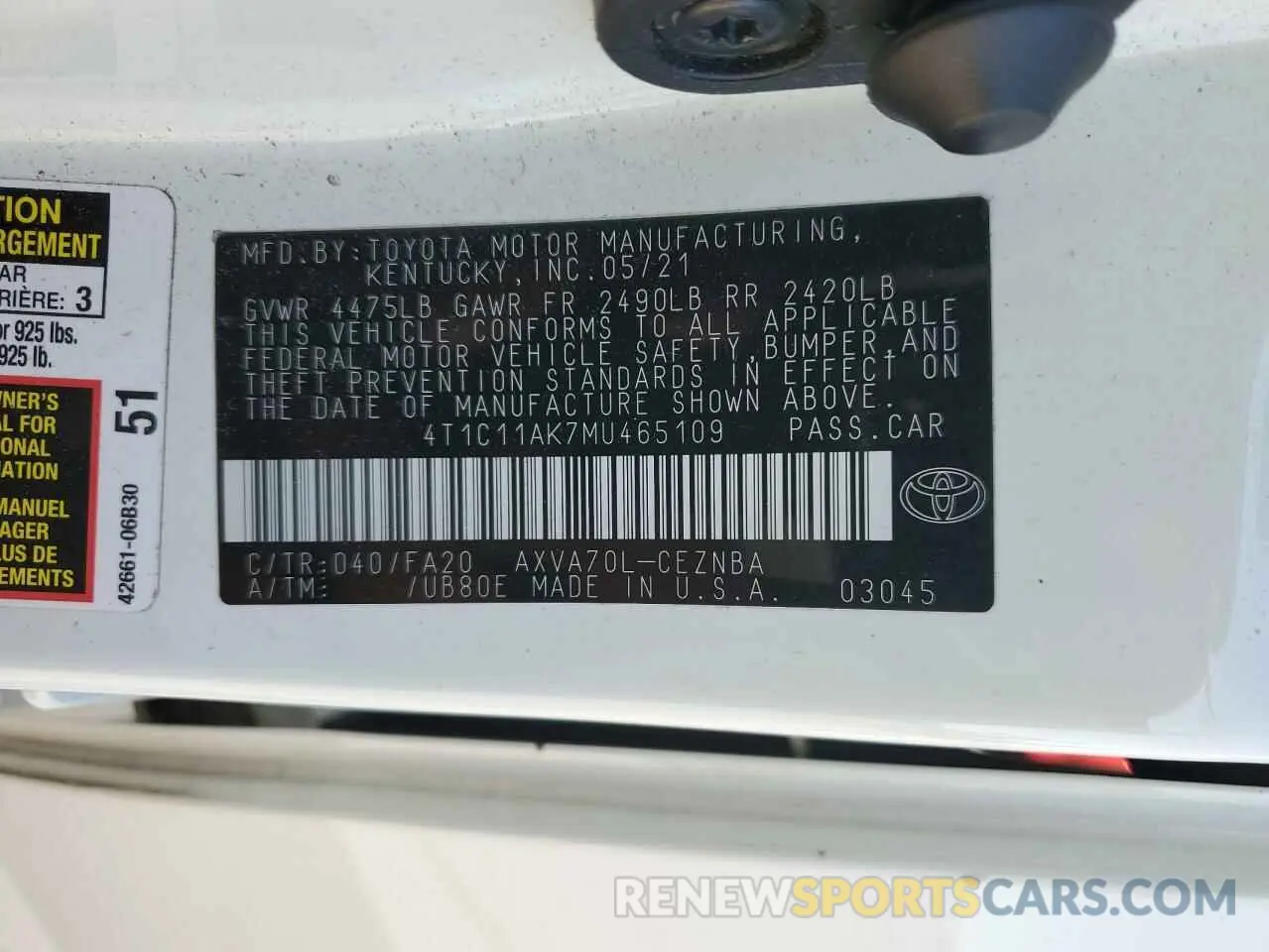 12 fotografías del automóvil dañado 4T1C11AK7MU465109 TOYOTA CAMRY 2021