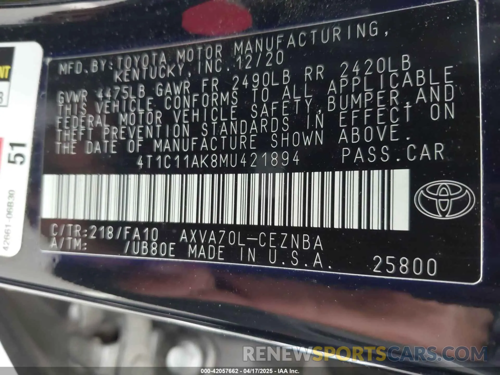 9 fotografías del automóvil dañado 4T1C11AK8MU421894 TOYOTA CAMRY 2021