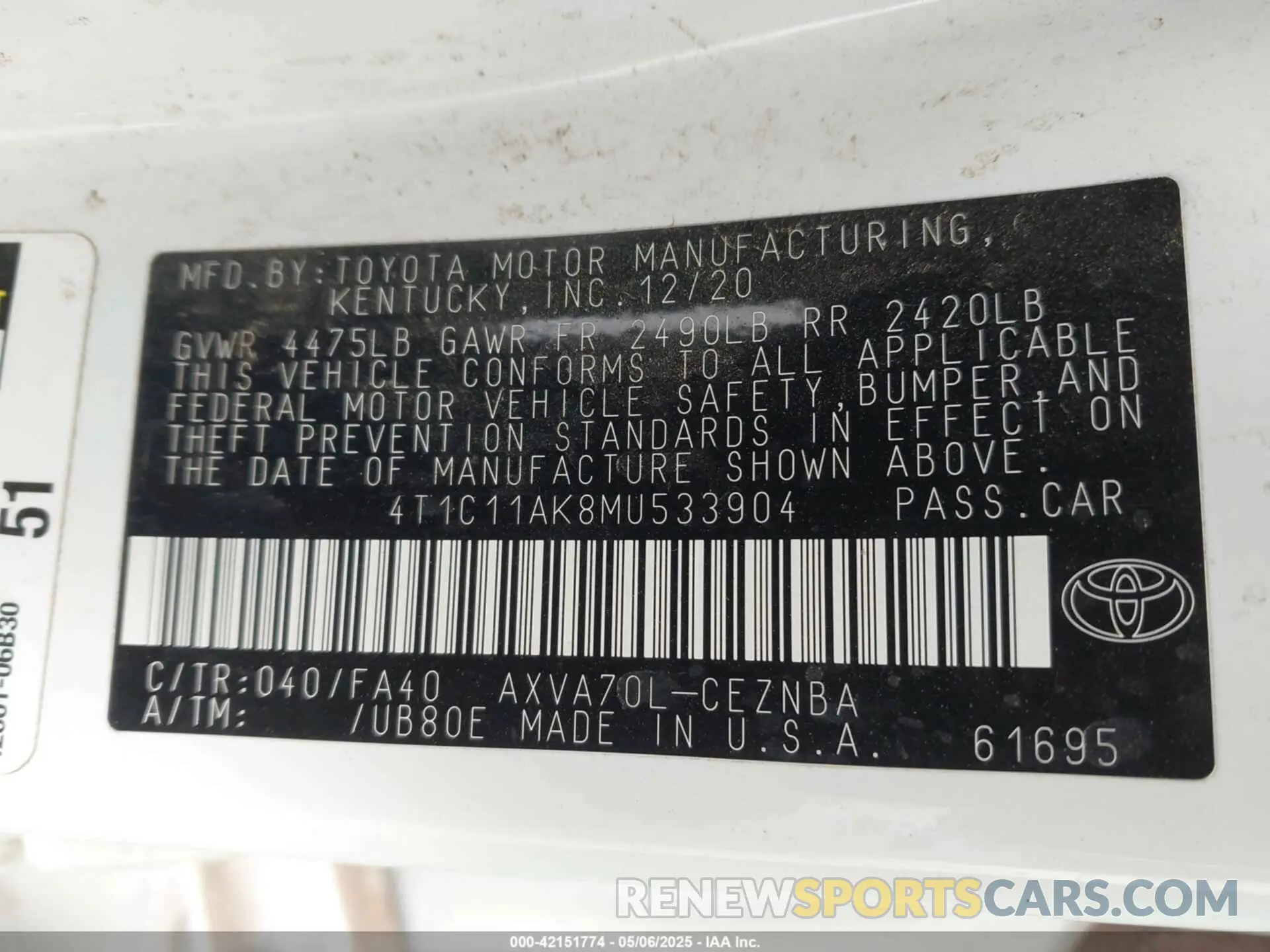 9 fotografías del automóvil dañado 4T1C11AK8MU533904 TOYOTA CAMRY 2021