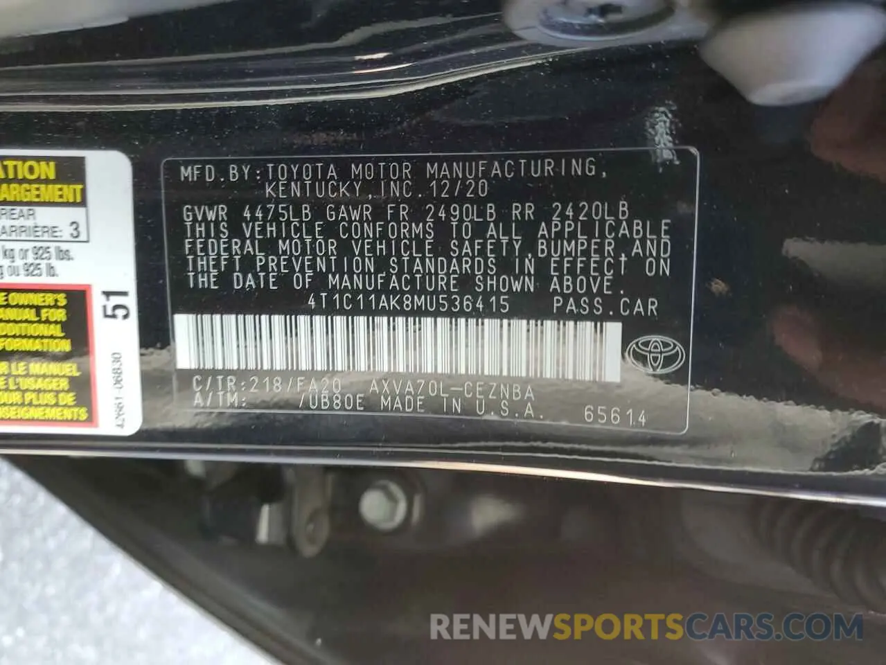 12 fotografías del automóvil dañado 4T1C11AK8MU536415 TOYOTA CAMRY 2021
