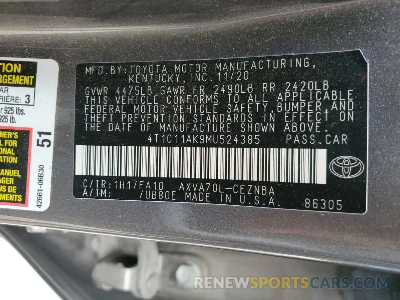12 fotografías del automóvil dañado 4T1C11AK9MU524385 TOYOTA CAMRY 2021