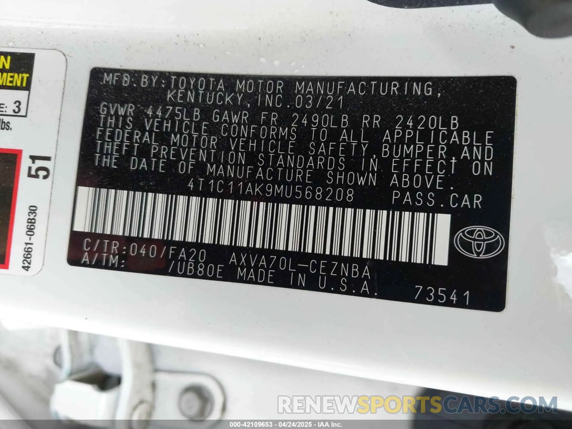 9 fotografías del automóvil dañado 4T1C11AK9MU568208 TOYOTA CAMRY 2021