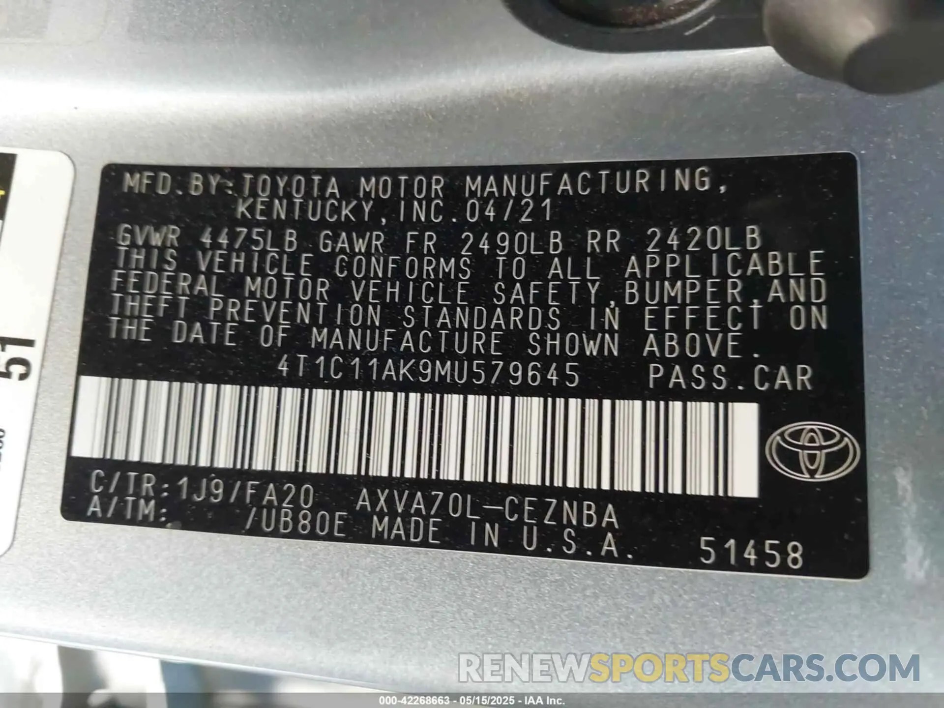 9 fotografías del automóvil dañado 4T1C11AK9MU579645 TOYOTA CAMRY 2021