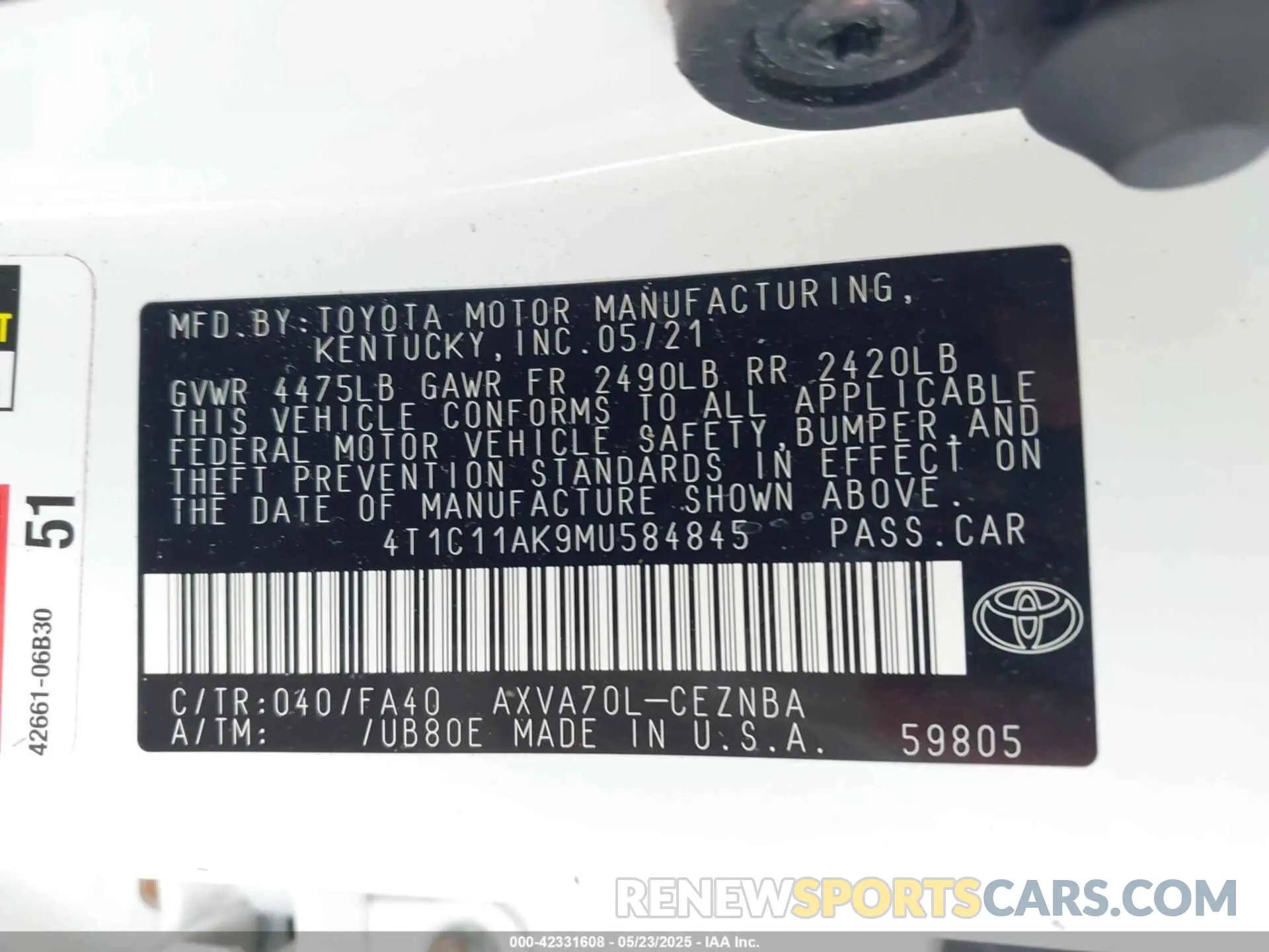 9 fotografías del automóvil dañado 4T1C11AK9MU584845 TOYOTA CAMRY 2021