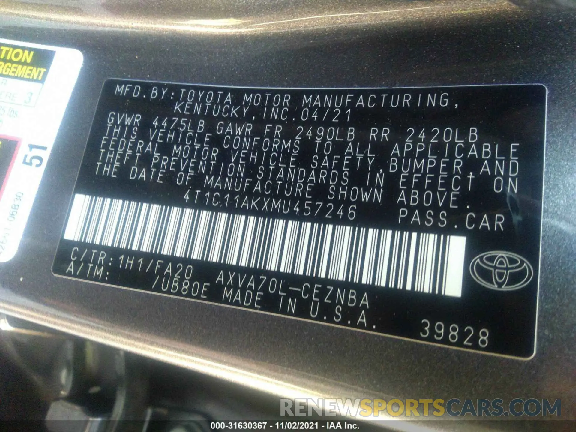 9 fotografías del automóvil dañado 4T1C11AKXMU457246 TOYOTA CAMRY 2021