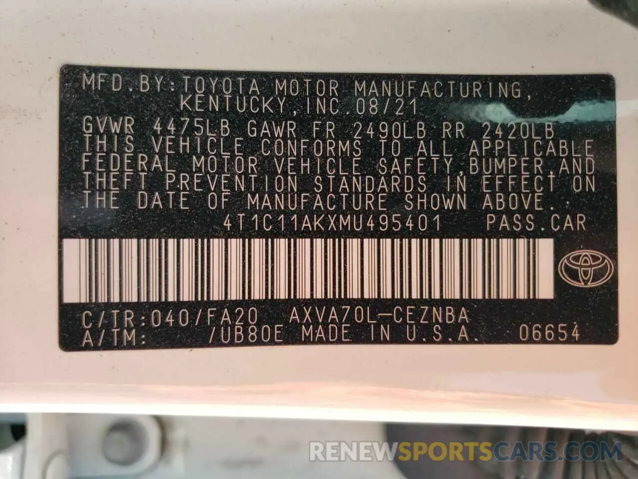 12 fotografías del automóvil dañado 4T1C11AKXMU495401 TOYOTA CAMRY 2021