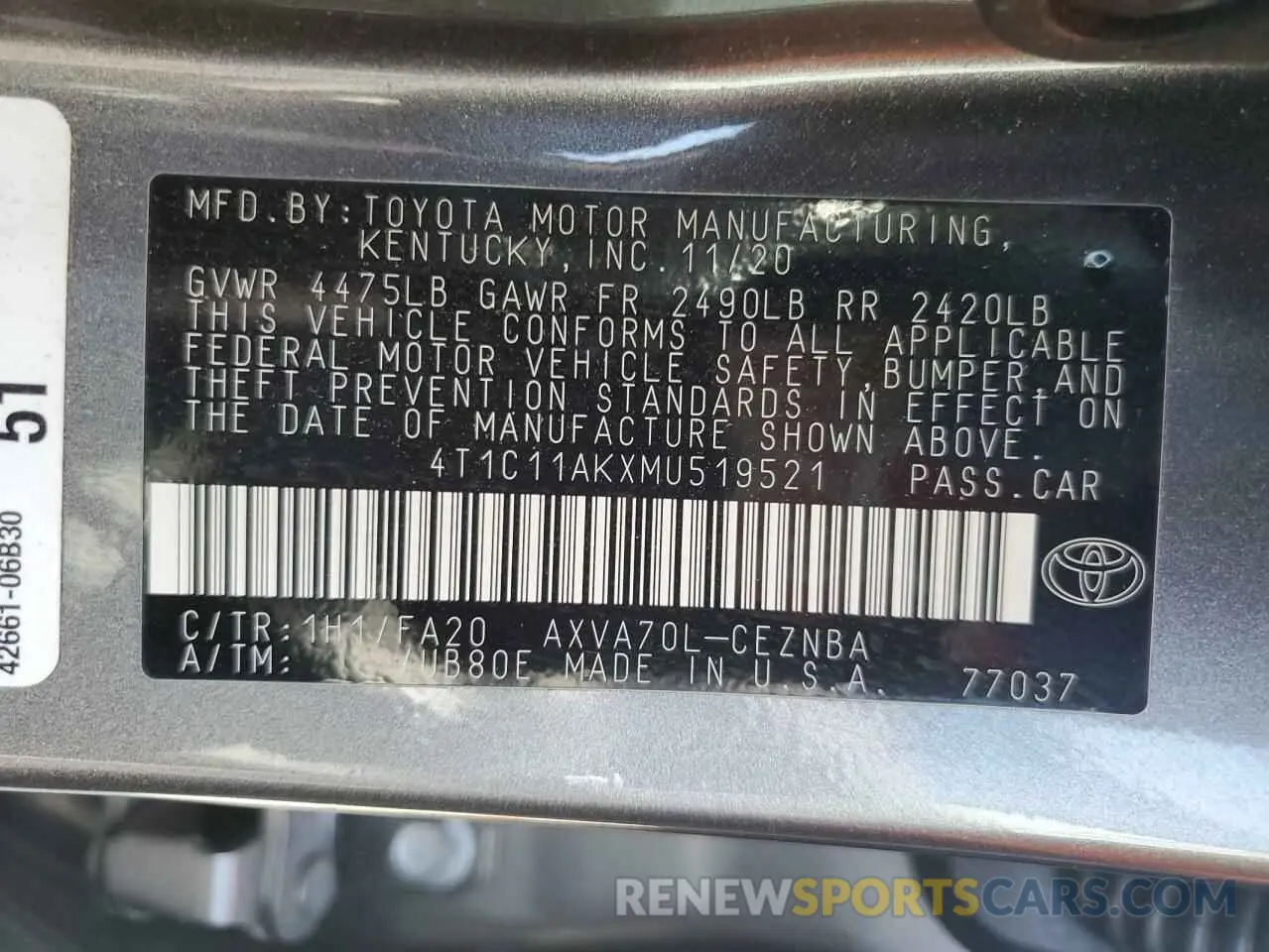 12 fotografías del automóvil dañado 4T1C11AKXMU519521 TOYOTA CAMRY 2021
