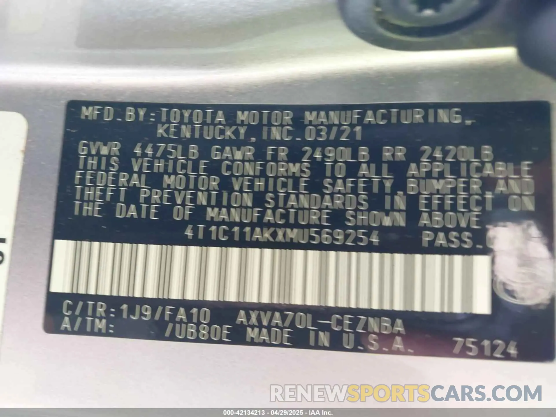 9 fotografías del automóvil dañado 4T1C11AKXMU569254 TOYOTA CAMRY 2021