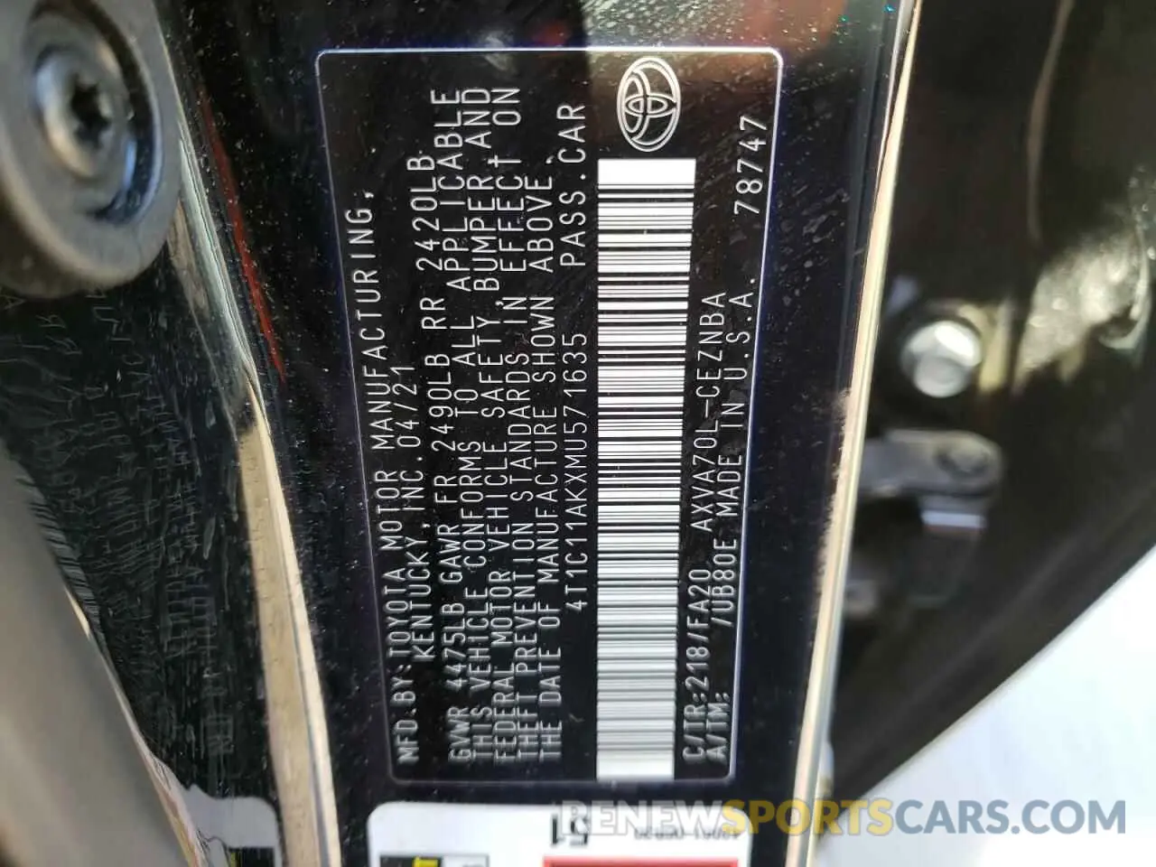 10 fotografías del automóvil dañado 4T1C11AKXMU571635 TOYOTA CAMRY 2021