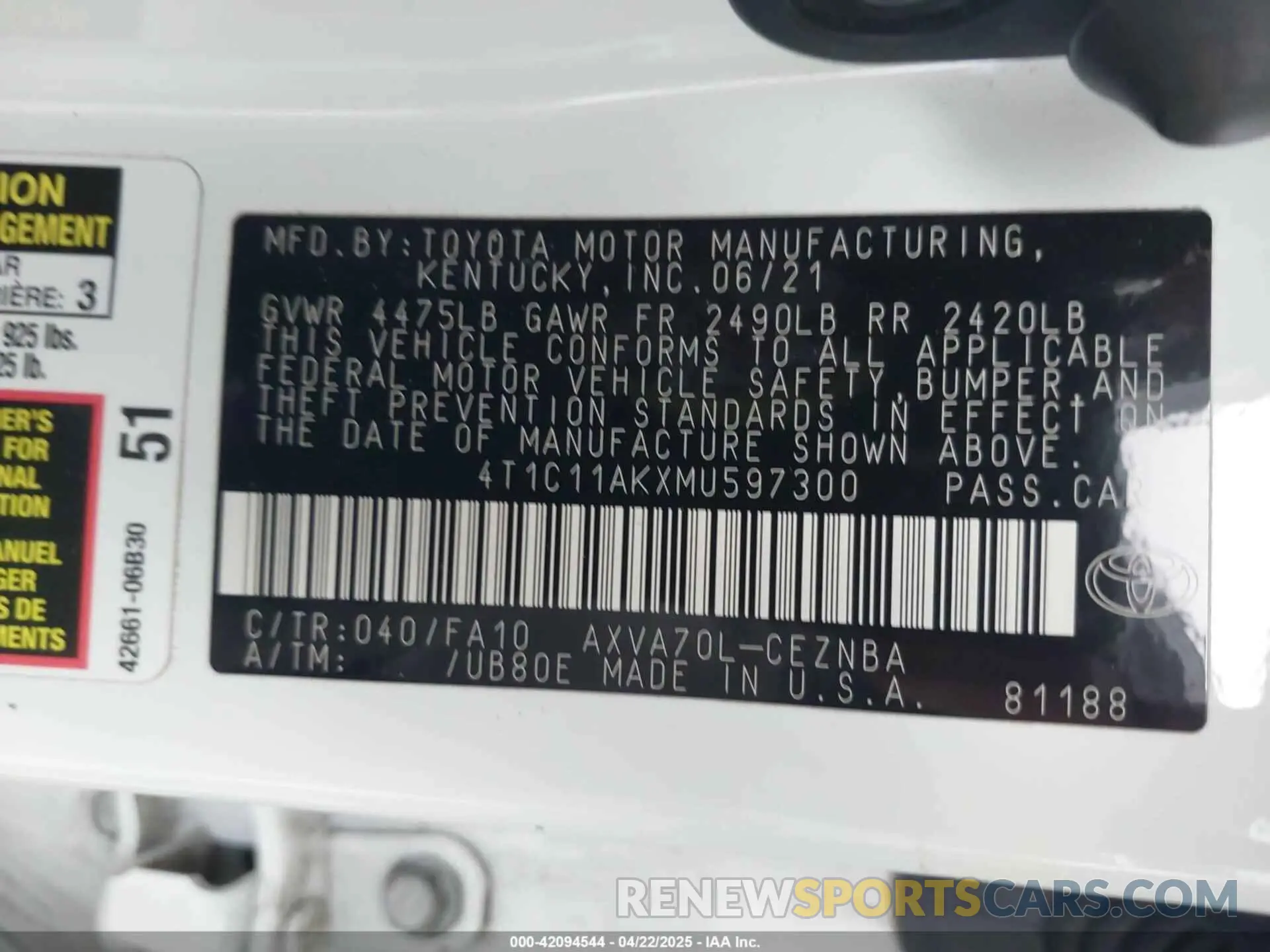 9 fotografías del automóvil dañado 4T1C11AKXMU597300 TOYOTA CAMRY 2021