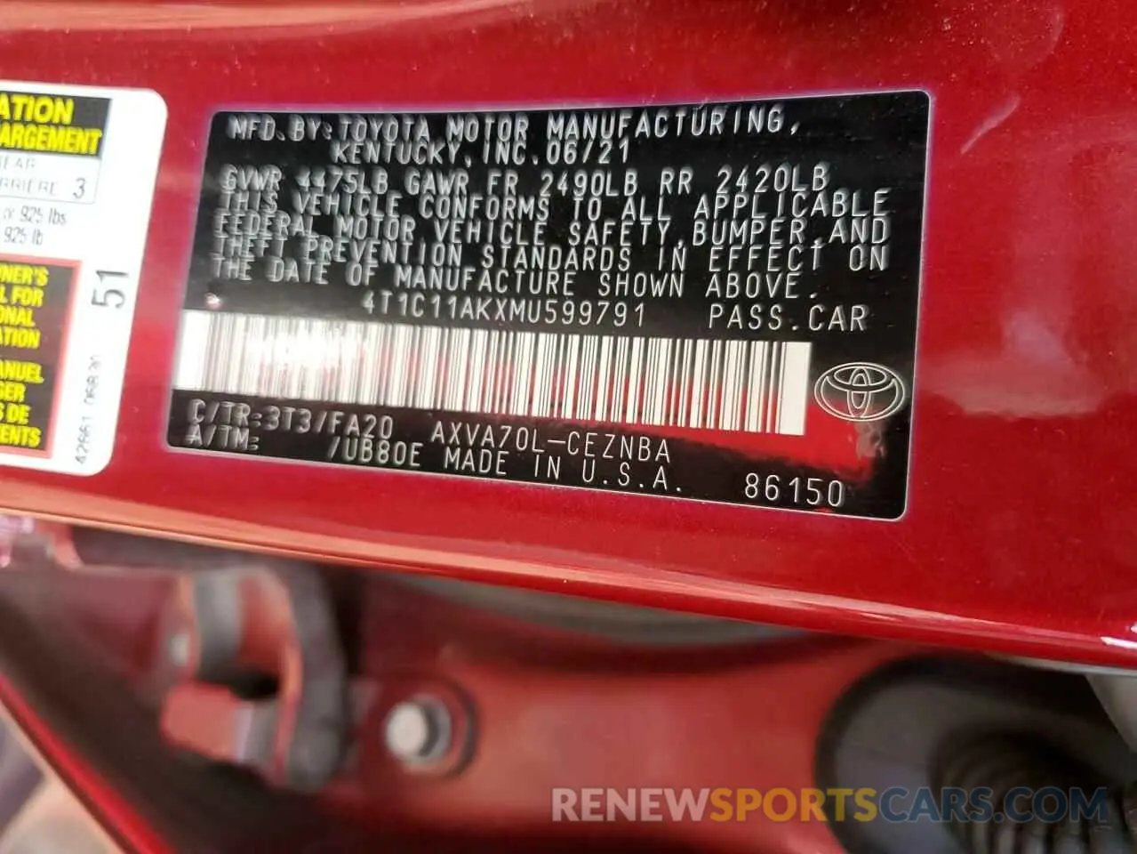 12 fotografías del automóvil dañado 4T1C11AKXMU599791 TOYOTA CAMRY 2021