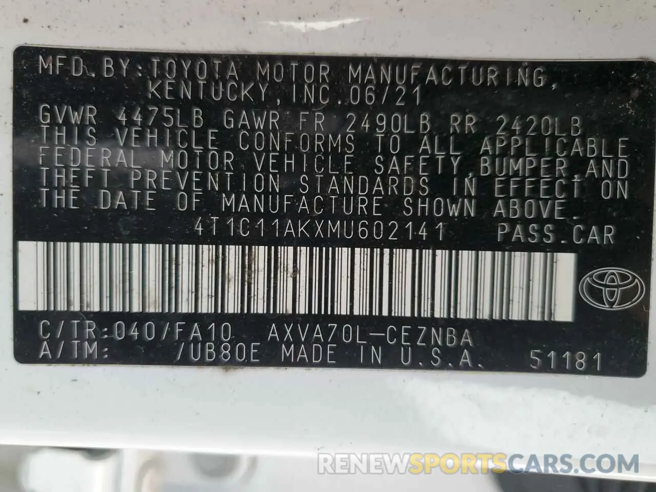 12 fotografías del automóvil dañado 4T1C11AKXMU602141 TOYOTA CAMRY 2021