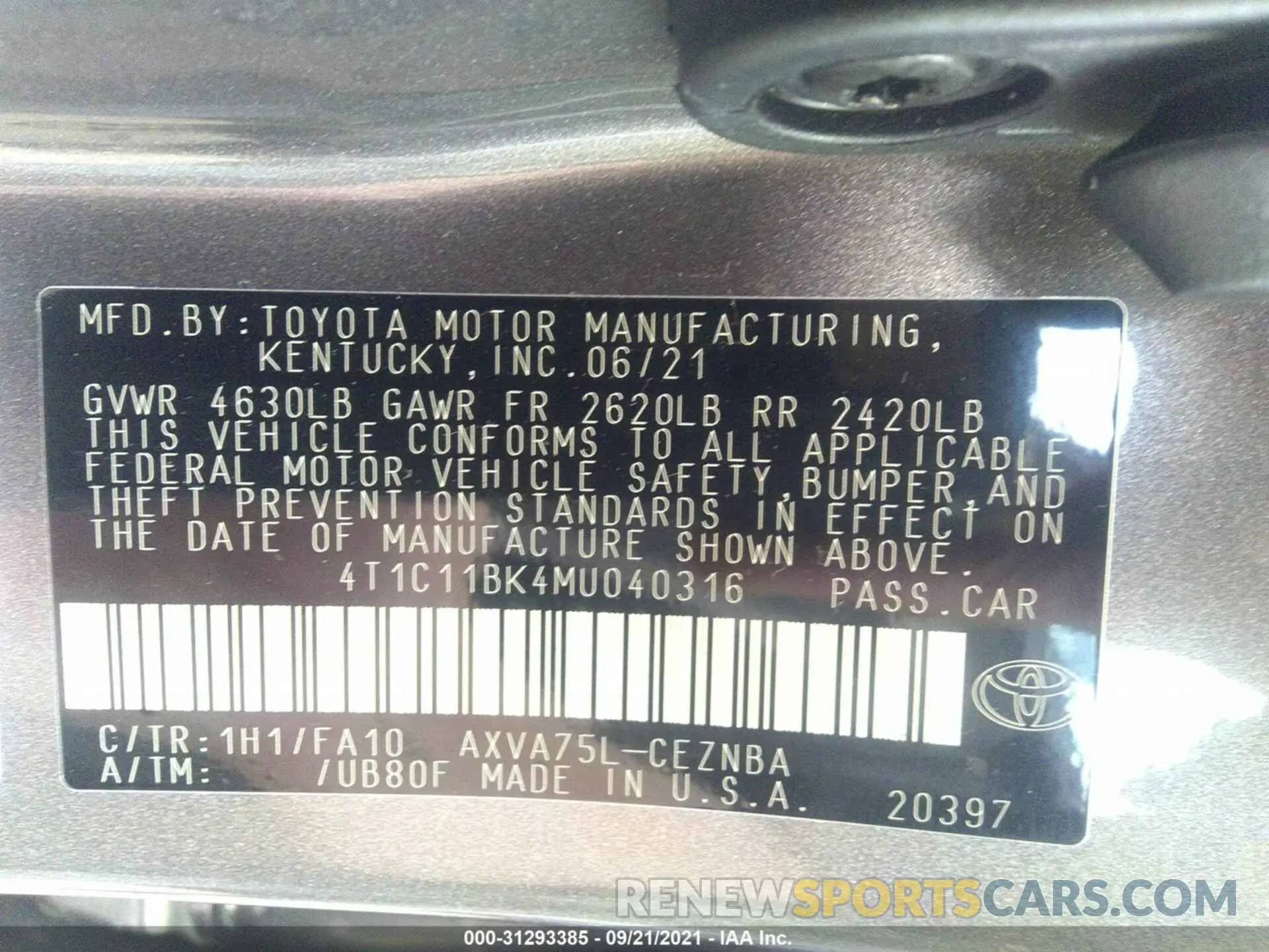 9 fotografías del automóvil dañado 4T1C11BK4MU040316 TOYOTA CAMRY 2021