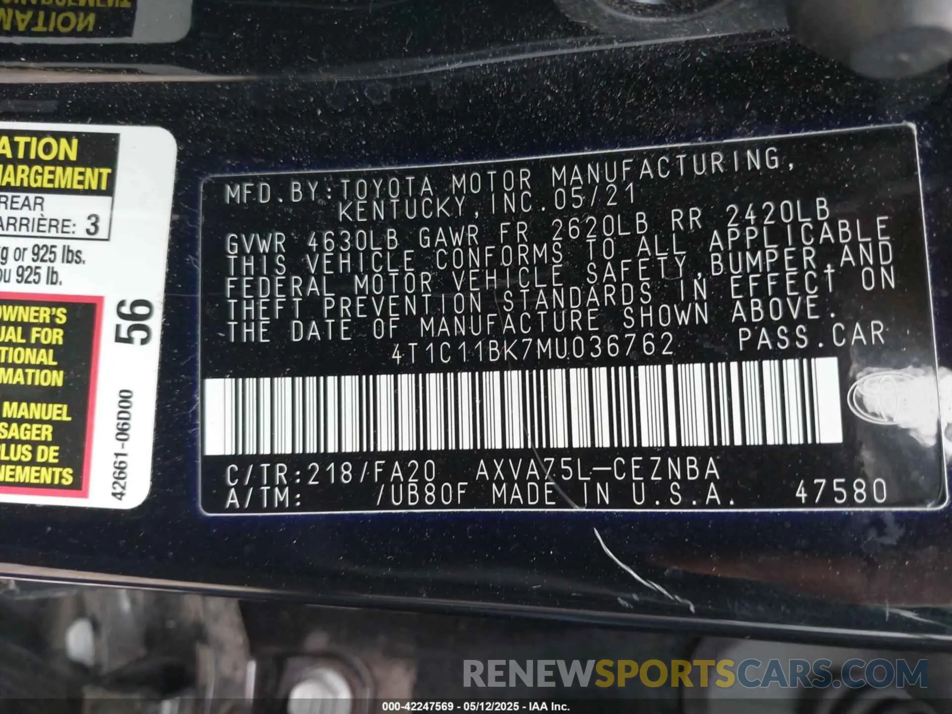 9 fotografías del automóvil dañado 4T1C11BK7MU036762 TOYOTA CAMRY 2021