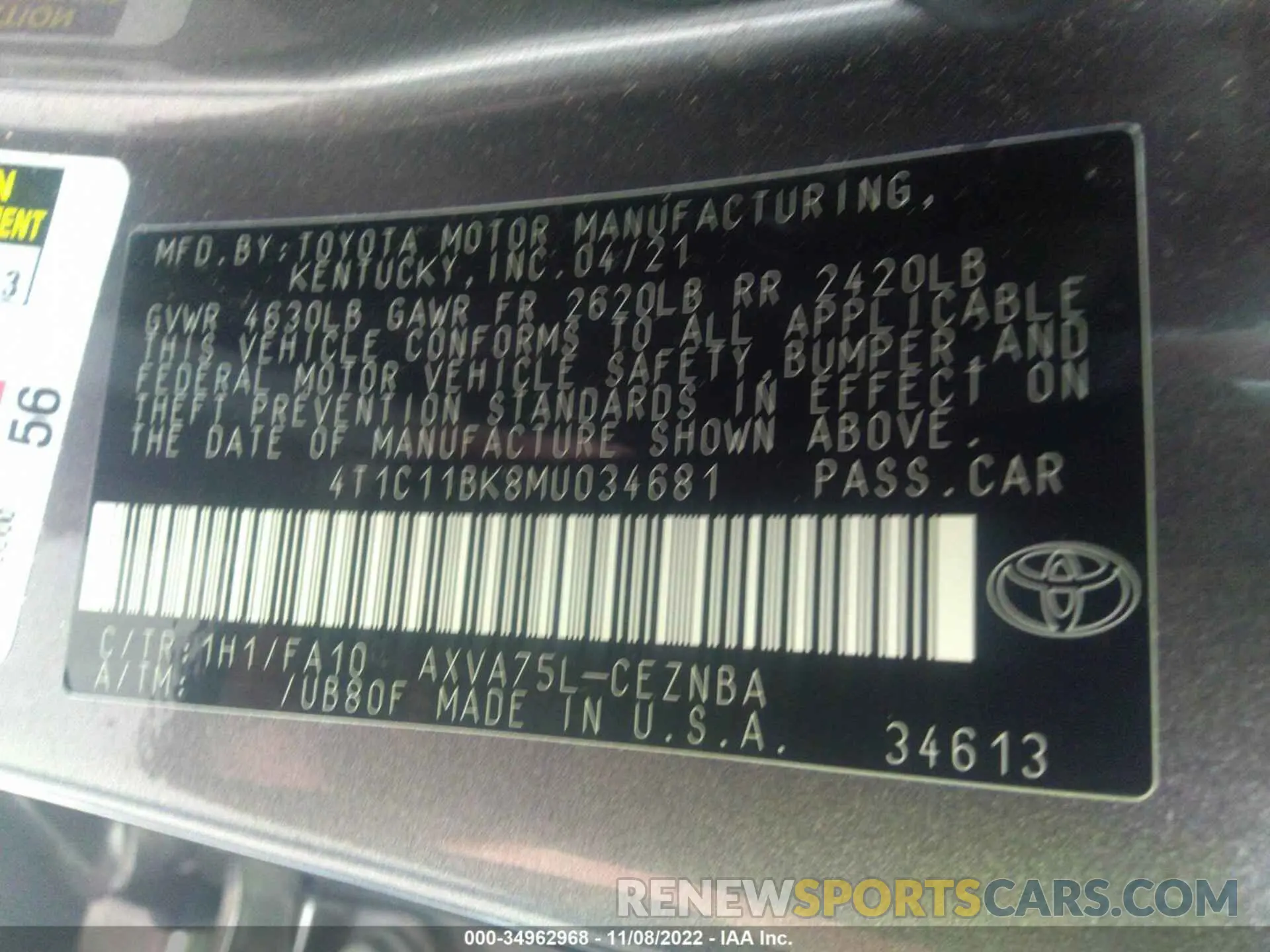 9 fotografías del automóvil dañado 4T1C11BK8MU034681 TOYOTA CAMRY 2021