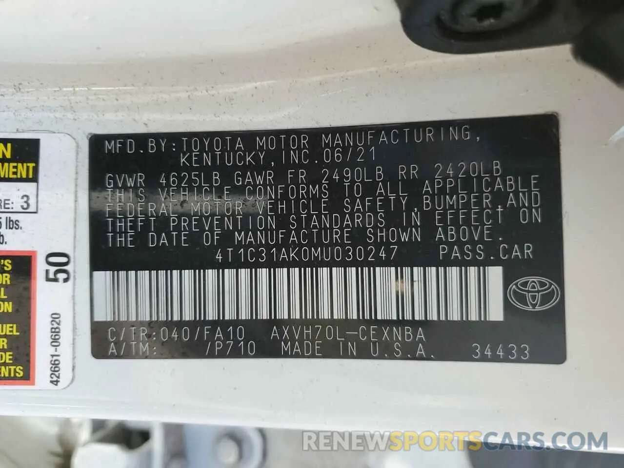 12 fotografías del automóvil dañado 4T1C31AK0MU030247 TOYOTA CAMRY 2021