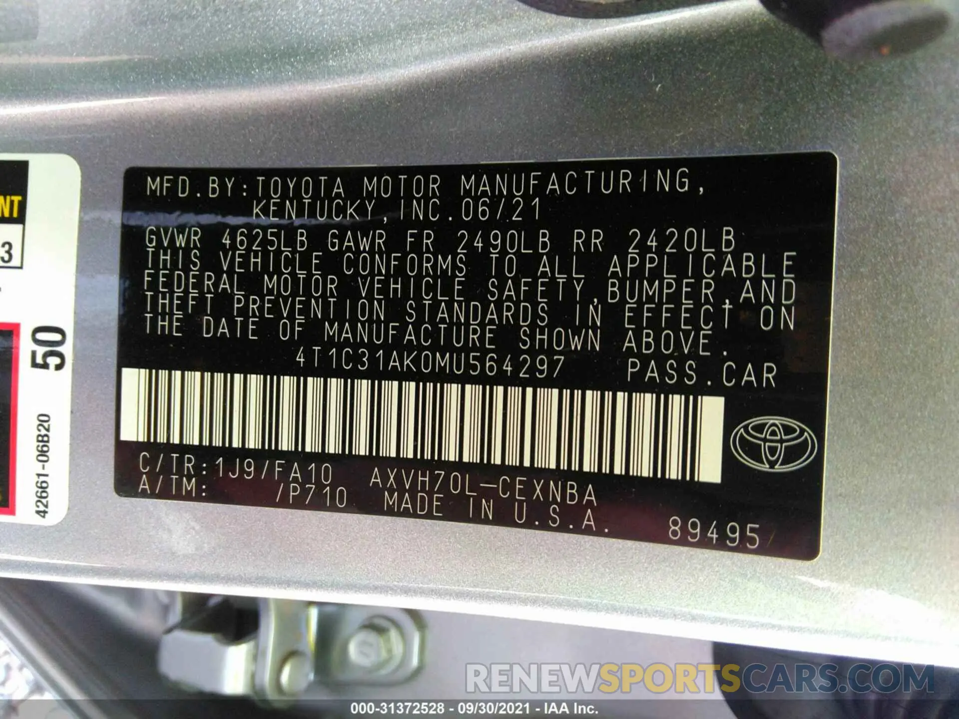 9 fotografías del automóvil dañado 4T1C31AK0MU564297 TOYOTA CAMRY 2021