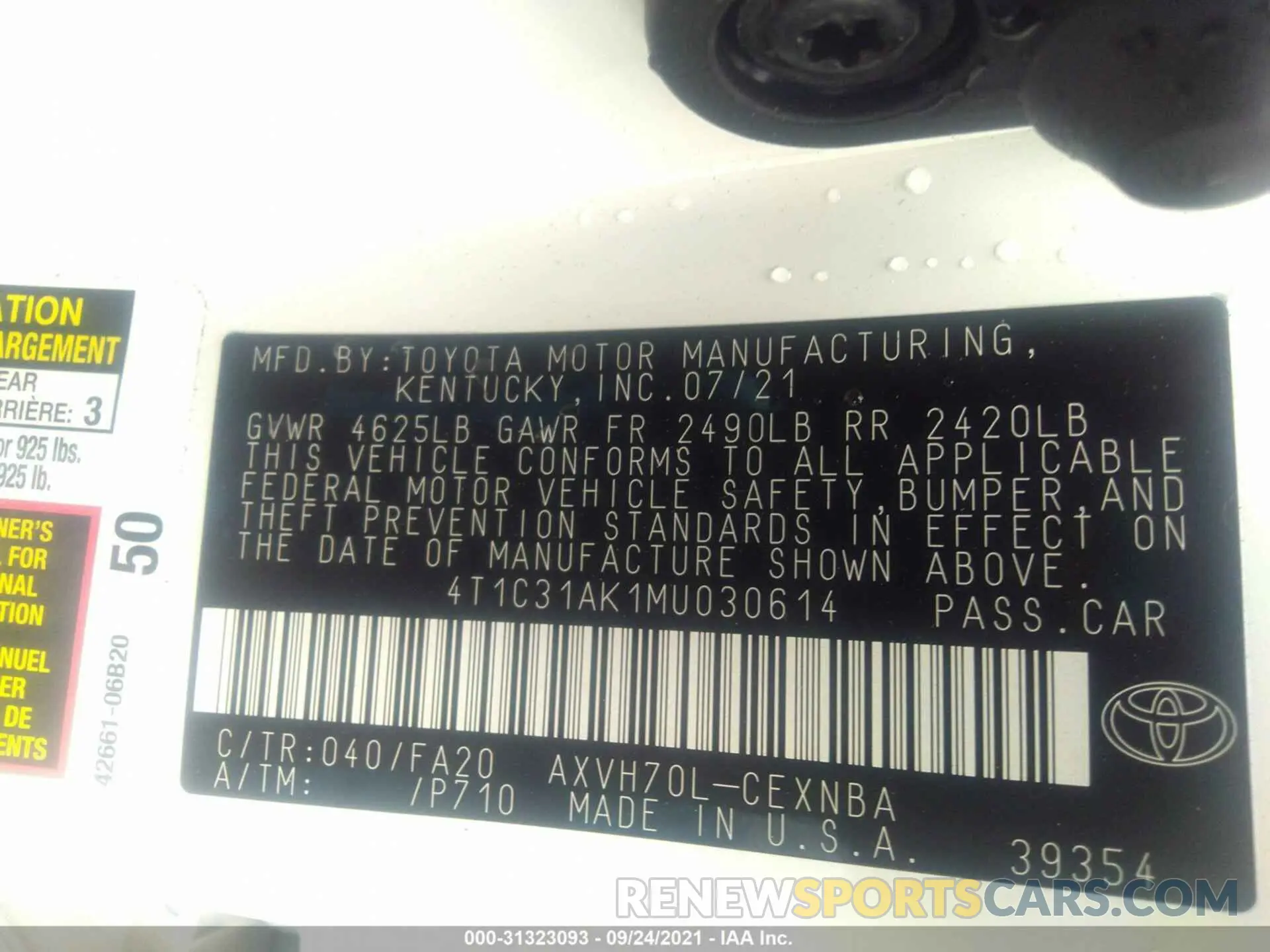 9 fotografías del automóvil dañado 4T1C31AK1MU030614 TOYOTA CAMRY 2021