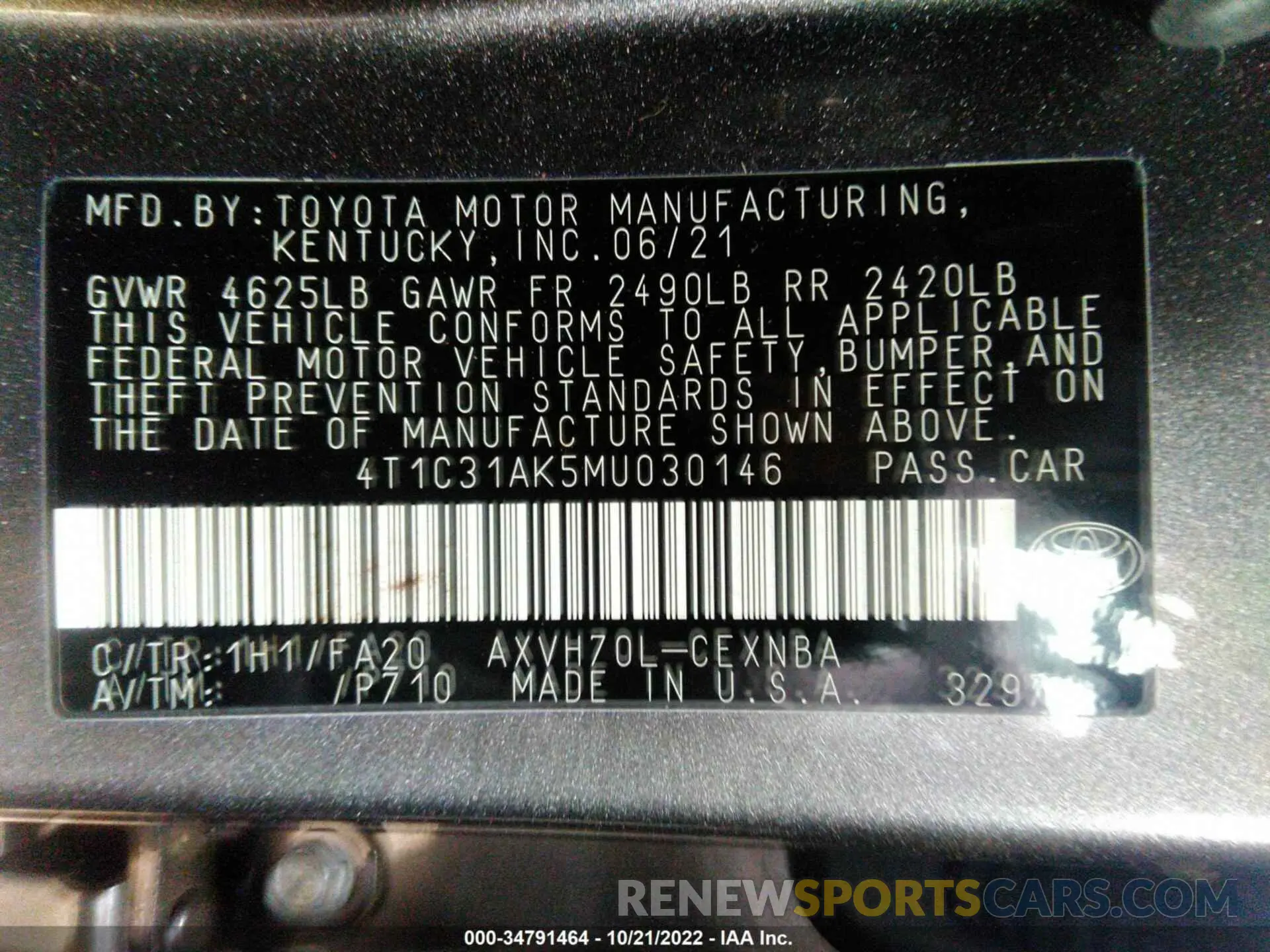 9 fotografías del automóvil dañado 4T1C31AK5MU030146 TOYOTA CAMRY 2021