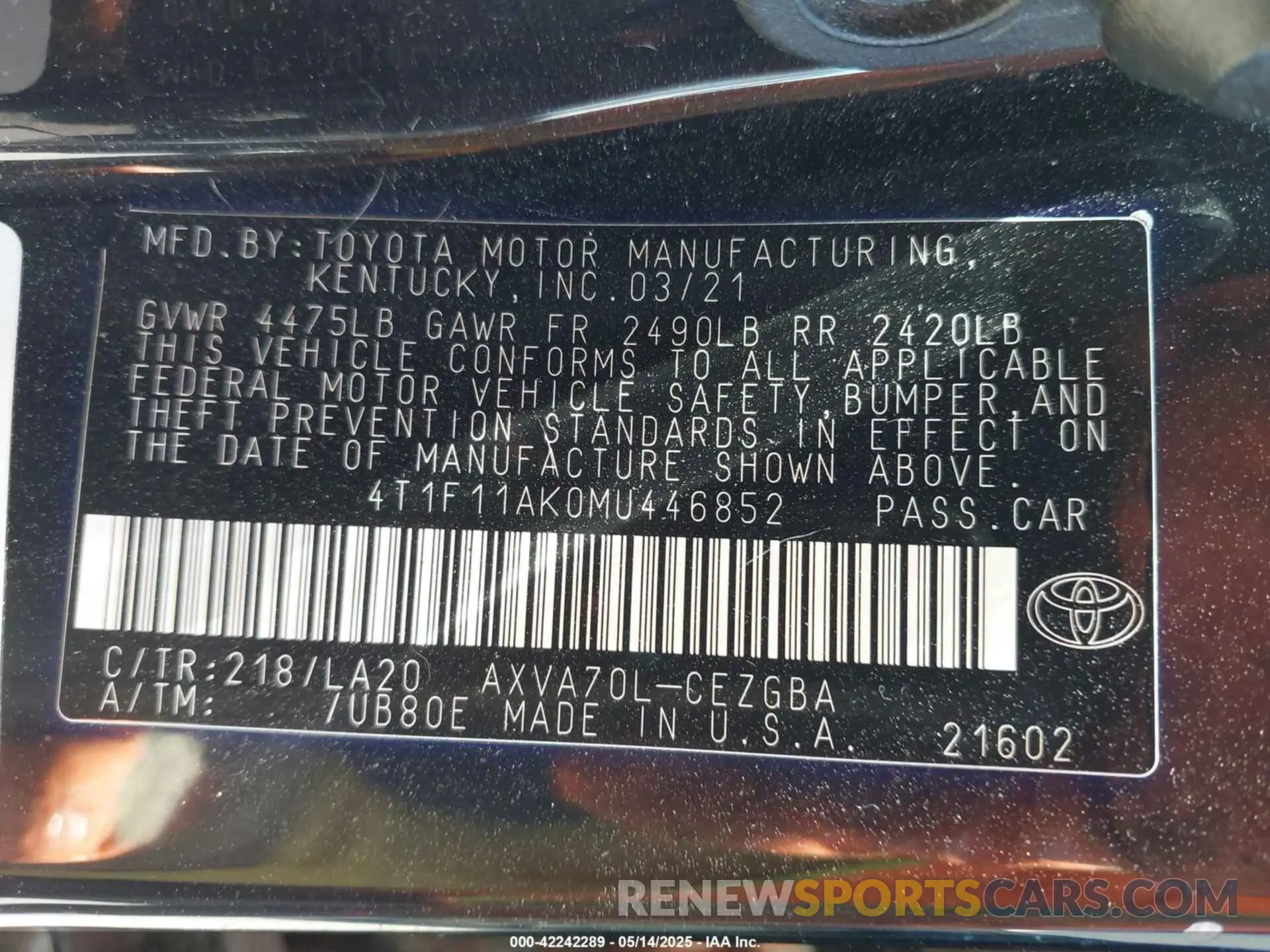 9 fotografías del automóvil dañado 4T1F11AK0MU446852 TOYOTA CAMRY 2021
