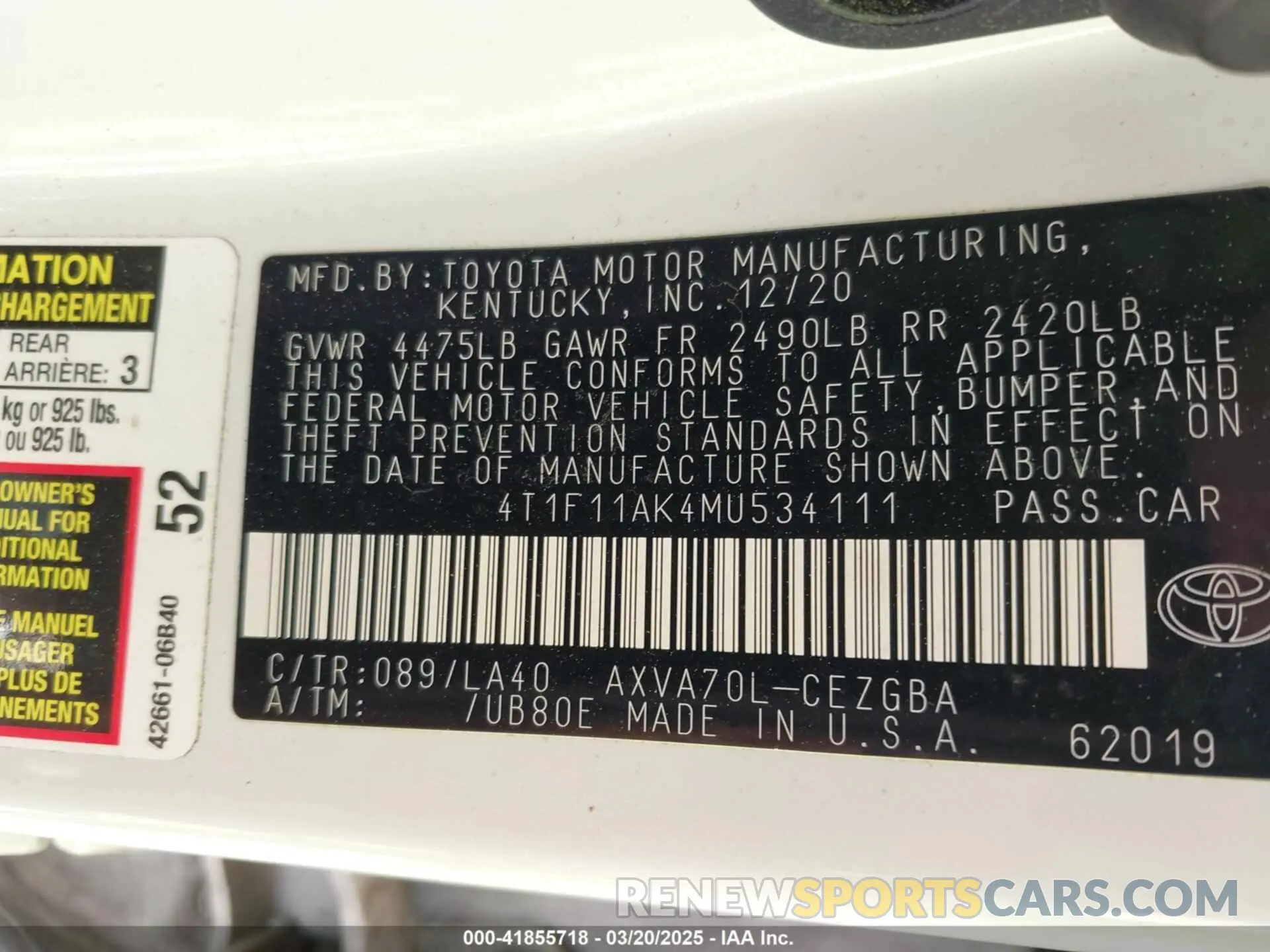 9 fotografías del automóvil dañado 4T1F11AK4MU534111 TOYOTA CAMRY 2021