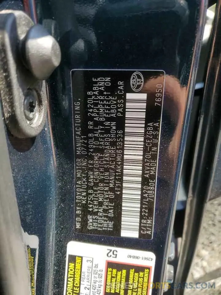 12 fotografías del automóvil dañado 4T1F11AK4MU613536 TOYOTA CAMRY 2021