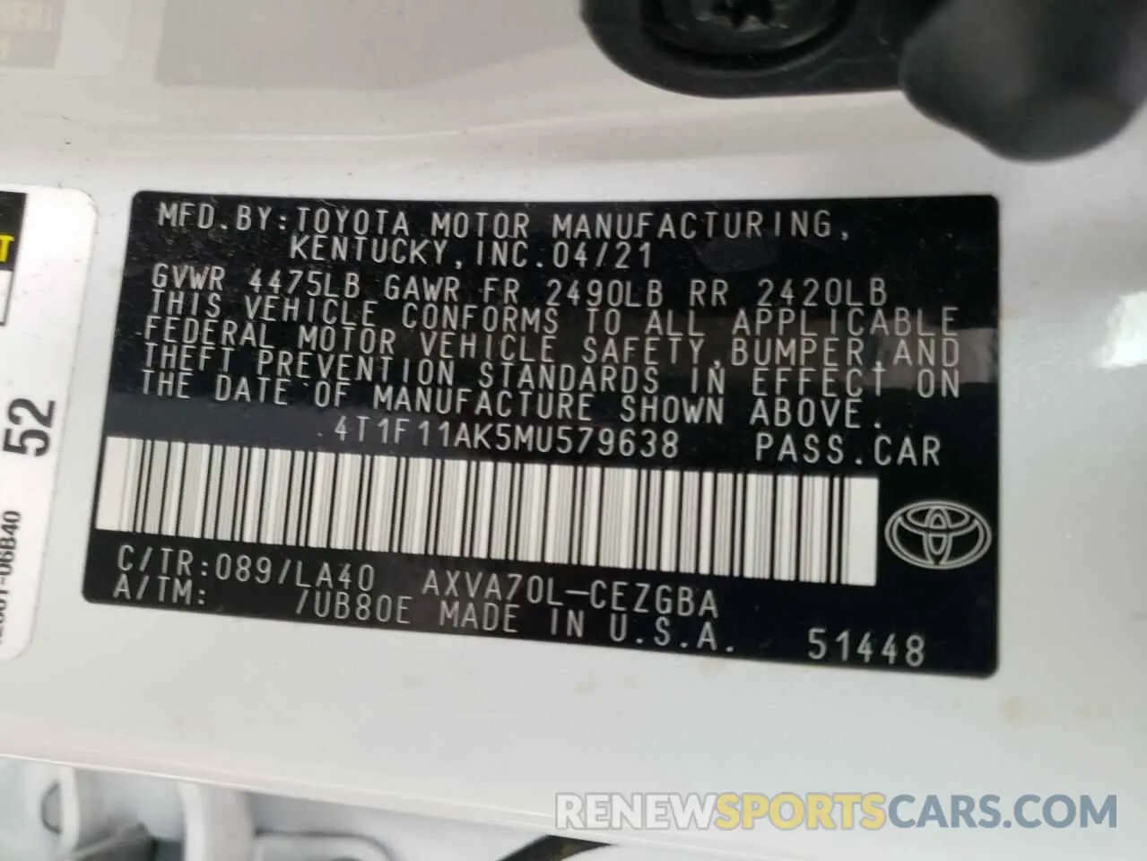 10 fotografías del automóvil dañado 4T1F11AK5MU579638 TOYOTA CAMRY 2021