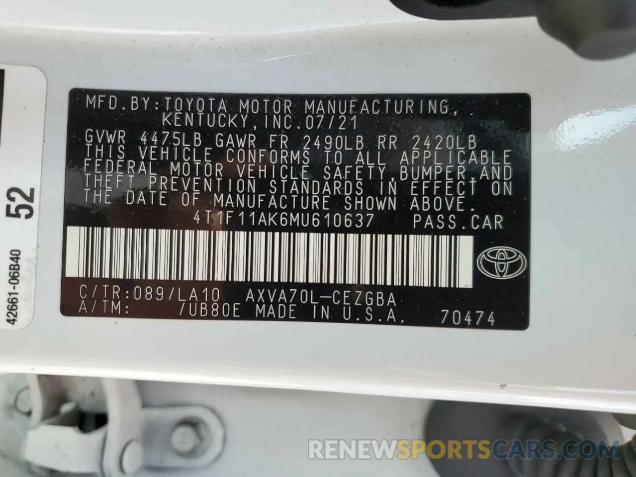 12 fotografías del automóvil dañado 4T1F11AK6MU610637 TOYOTA CAMRY 2021