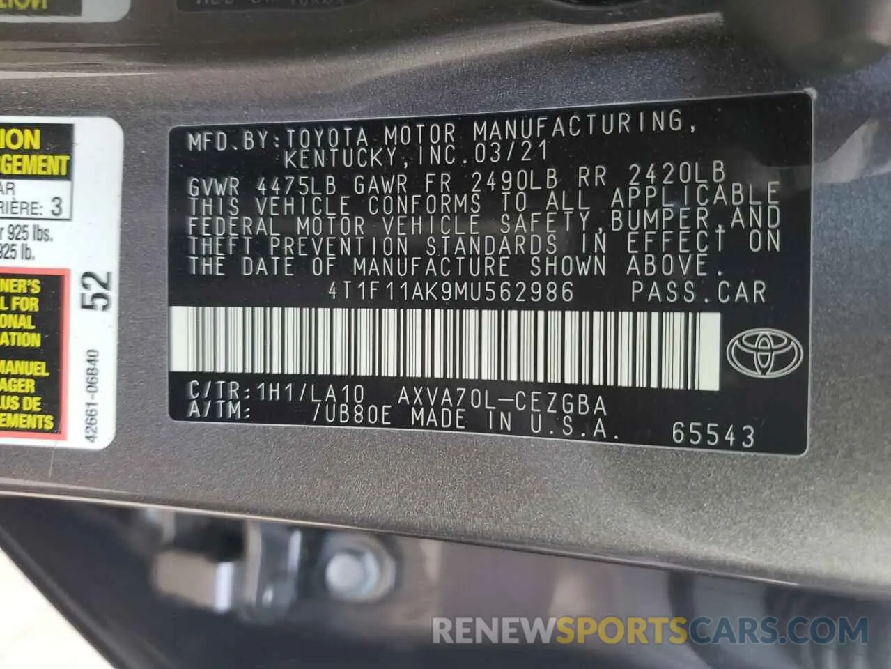 12 fotografías del automóvil dañado 4T1F11AK9MU562986 TOYOTA CAMRY 2021