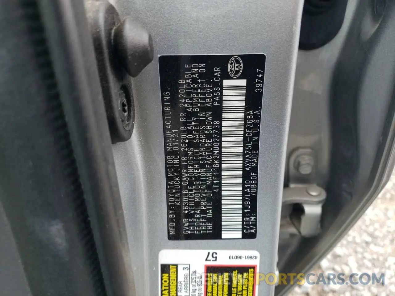 12 fotografías del automóvil dañado 4T1F11BK2MU027738 TOYOTA CAMRY 2021