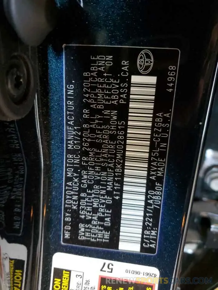 12 fotografías del automóvil dañado 4T1F11BK2MU028615 TOYOTA CAMRY 2021