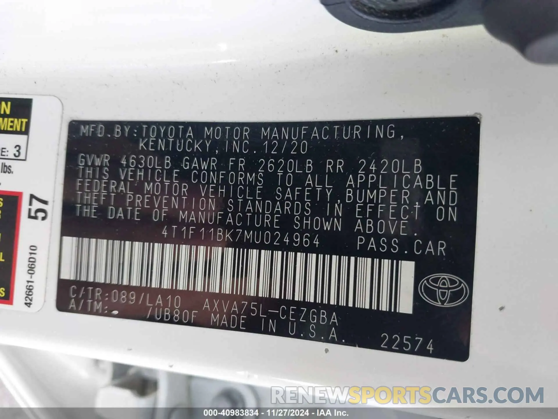 9 fotografías del automóvil dañado 4T1F11BK7MU024964 TOYOTA CAMRY 2021