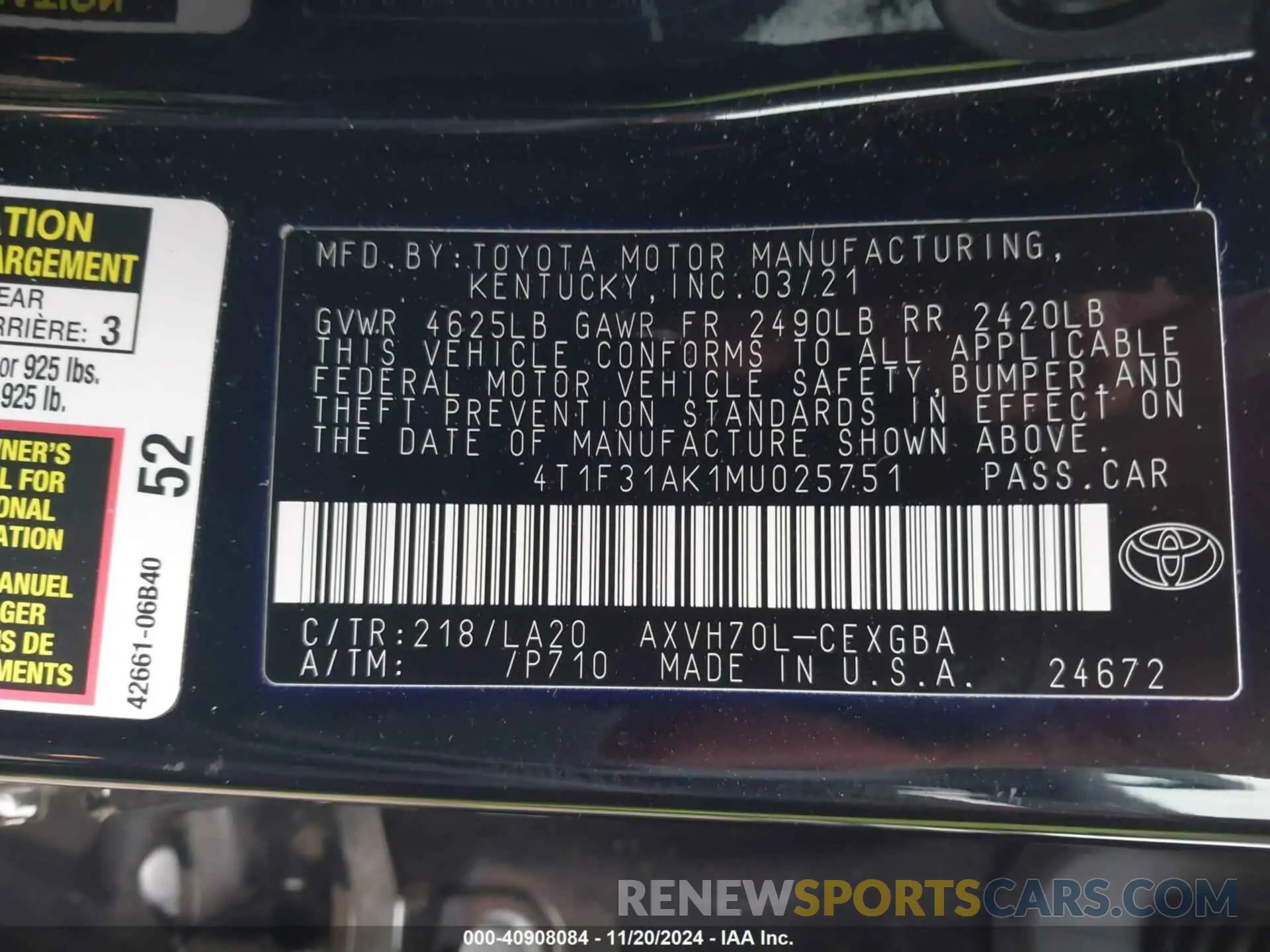 9 fotografías del automóvil dañado 4T1F31AK1MU025751 TOYOTA CAMRY 2021