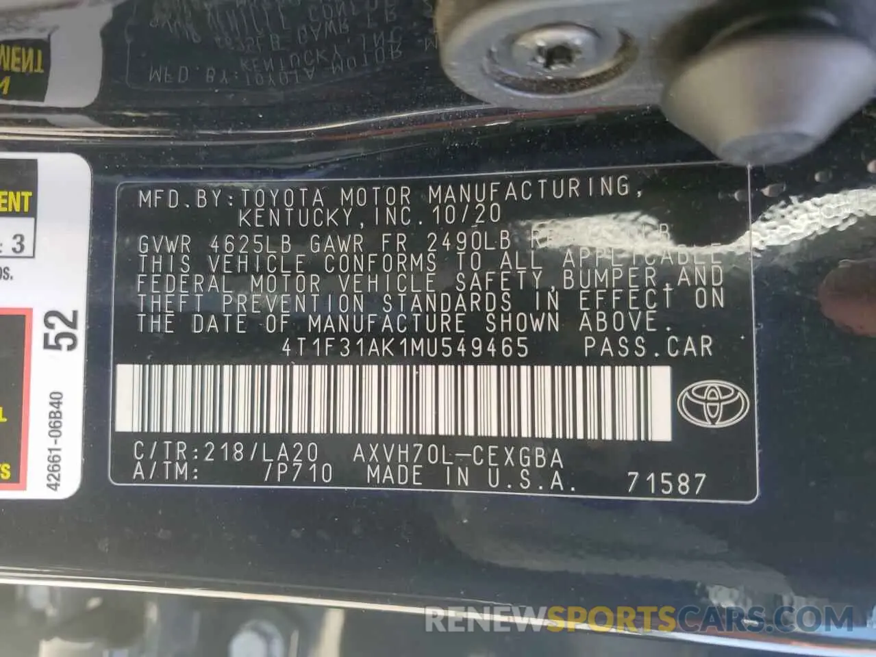 12 fotografías del automóvil dañado 4T1F31AK1MU549465 TOYOTA CAMRY 2021