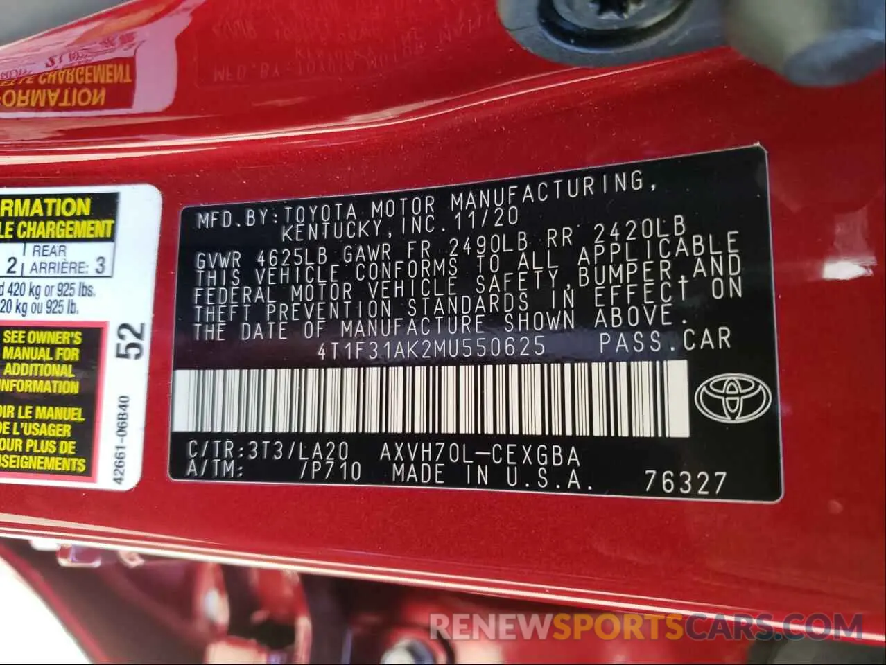 10 fotografías del automóvil dañado 4T1F31AK2MU550625 TOYOTA CAMRY 2021