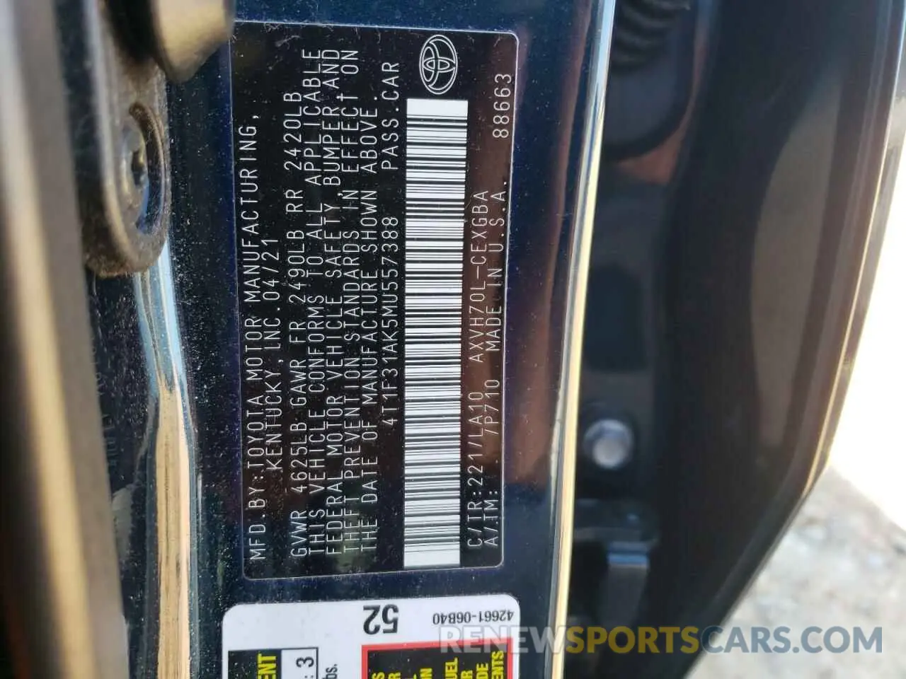 12 fotografías del automóvil dañado 4T1F31AK5MU557388 TOYOTA CAMRY 2021