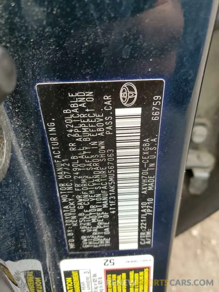 12 fotografías del automóvil dañado 4T1F31AK5MU567063 TOYOTA CAMRY 2021