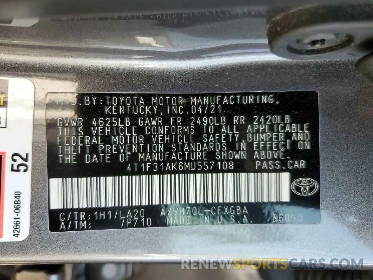 12 fotografías del automóvil dañado 4T1F31AK6MU557108 TOYOTA CAMRY 2021